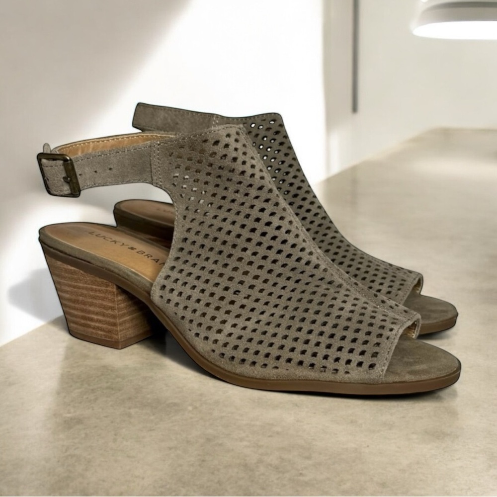 Lucky Brand Bertel Ankle Suede Booties Size 9 Peep Toe Ankle Strap Perforated